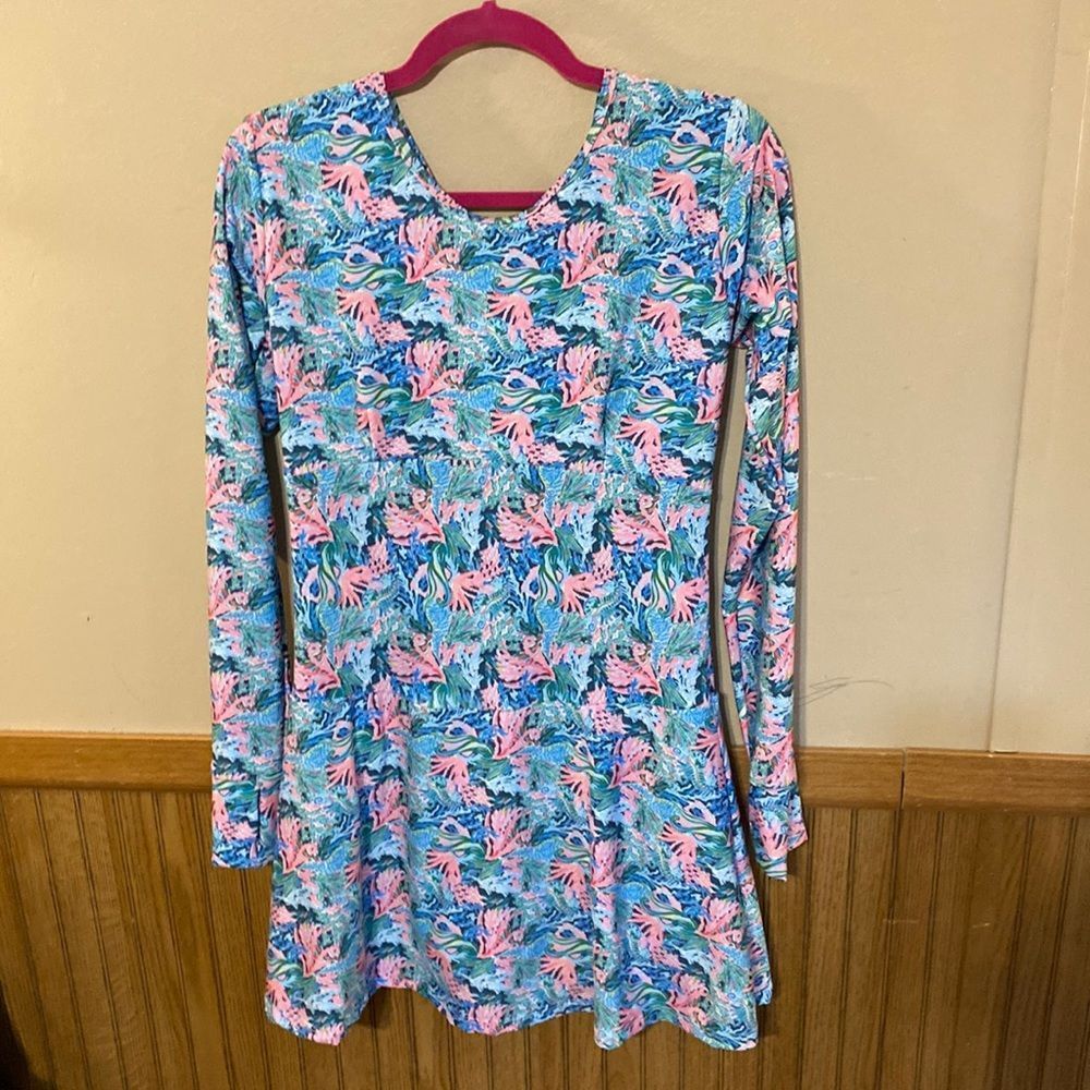 NWT rejane Monetti dress pink and blue Rebecca long sleeve swim dress/ shorts